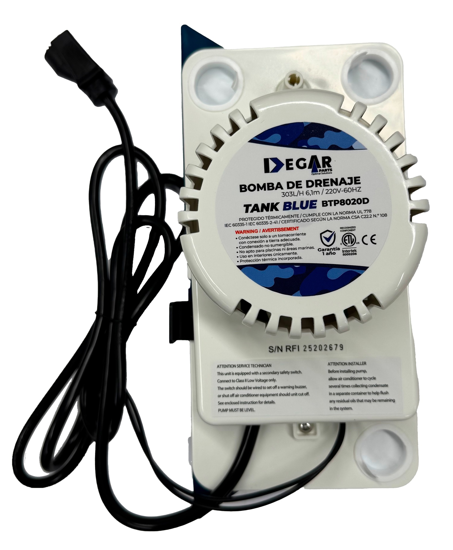 BOMBA DRENAJE 303L/H 6,1M 220V-60HZ TANK-BLUE DEGAR