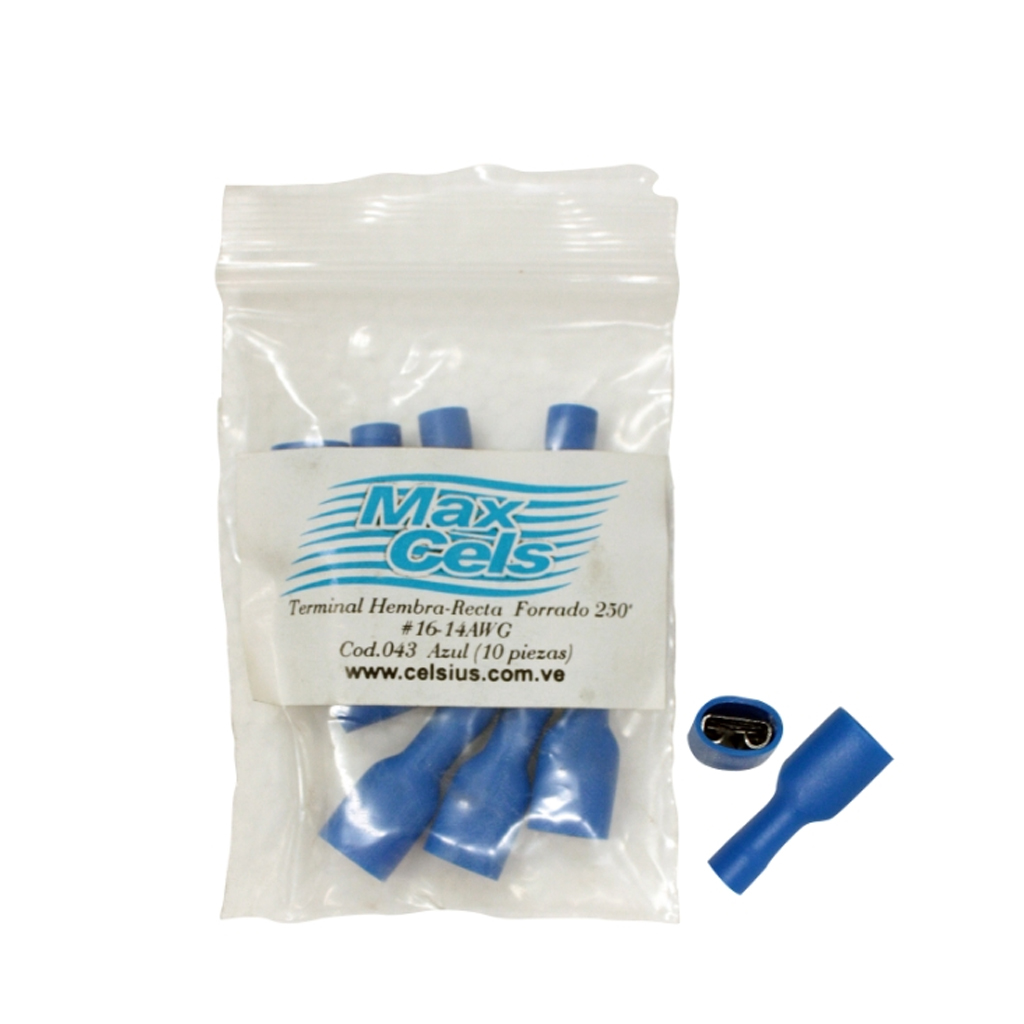 TERMINAL HEMBRA RECTA FORRADO 250" (AZUL) 043 16-14AWG (BOLSITA 10 PZAS)